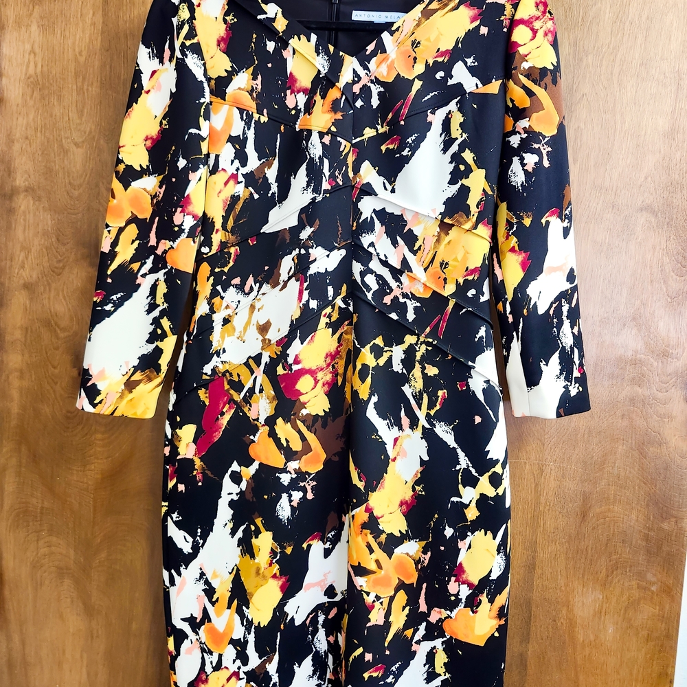 Antonio Melani Dress Womens 6 Abstract Print Black Yellow Sheath Work Career Mid